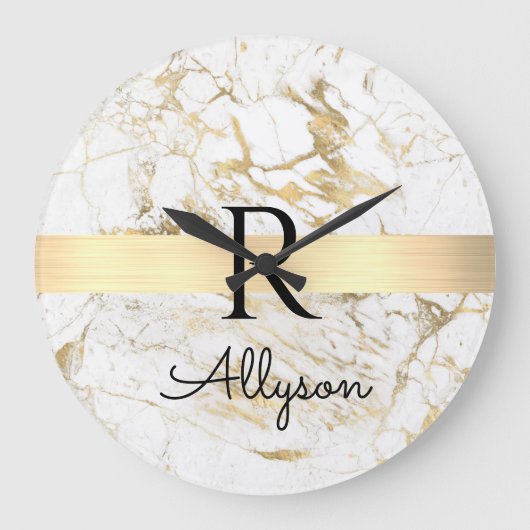 Wh & Gold Marble Gold Bar, DIY Black Name Monogram Große Wanduhr (Vorderseite)