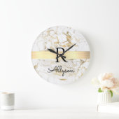 Wh & Gold Marble Gold Bar, DIY Black Name Monogram Große Wanduhr (Zuhause)