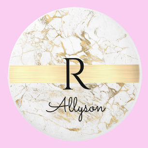 Wh & Gold Marble Gold Bar, DIY Black Name Monogram Keramikknauf