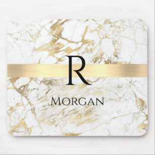 Wh & Gold Marble Gold Bar, DIY Black Name Monogram Mousepad