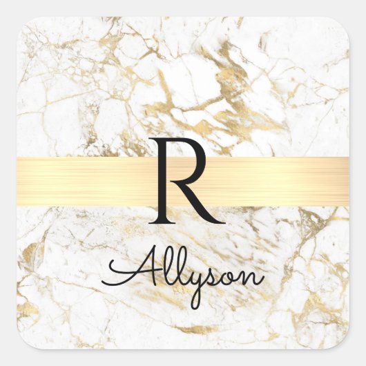 Wh & Gold Marble Gold Bar, DIY Black Name Monogram Quadratischer Aufkleber (Vorderseite)