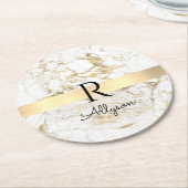 Wh & Gold Marble Gold Bar, DIY Black Name Monogram Runder Pappuntersetzer (Angewinkelt)
