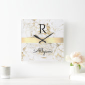 Wh & Gold Marmor Bar, Schwarzer Name Monogram VS2 Quadratische Wanduhr (Zuhause)