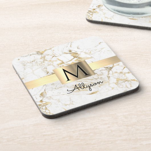 Wh & Gold Marmor Box, DIY Black Name Monogram Getränkeuntersetzer (Linke Seite)