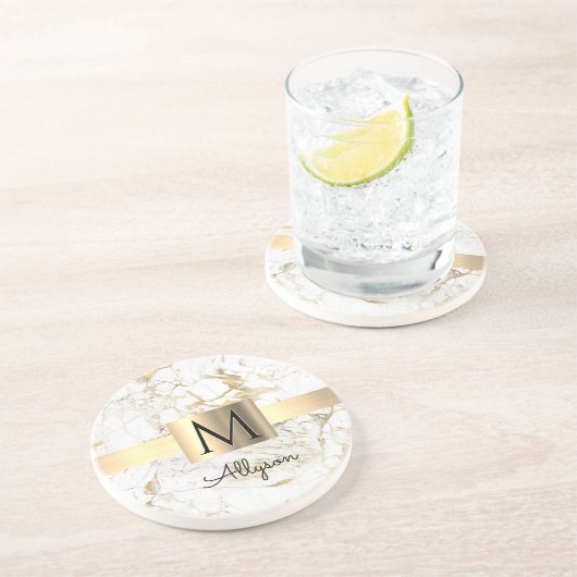 Wh & Gold Marmor Box, DIY Black Name Monogram Getränkeuntersetzer (Seite)