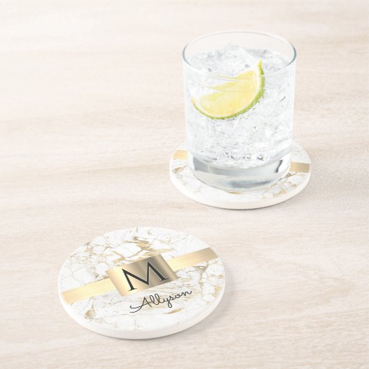 Wh & Gold Marmor Box, DIY Black Name Monogram Getränkeuntersetzer (Seite)