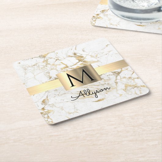 Wh & Gold Marmor Box, DIY Black Name Monogram Rechteckiger Pappuntersetzer (angewinkelt)