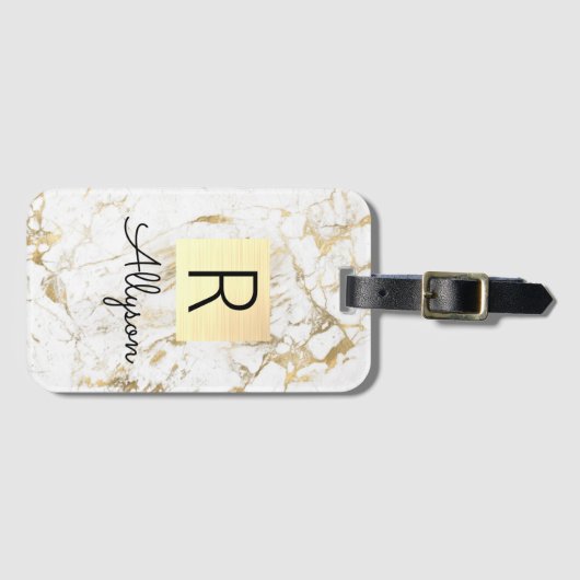 Wh & Gold Marmor Box, Schwarzer Name Monogram VS2 Gepäckanhänger (Vorderseite (Horizontal))