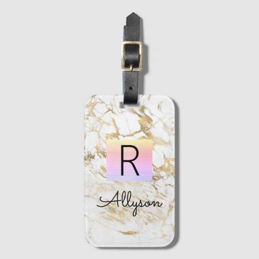 Wh & Gold Marmorrost Box, Name Monogram Vs 2 Gepäckanhänger (Vorderseite Vertikal)