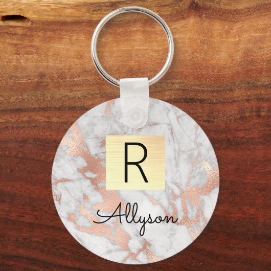 Wh & Rose Gold Marmor Box, Name & Monogram Ke Schlüsselanhänger (Rückseite)