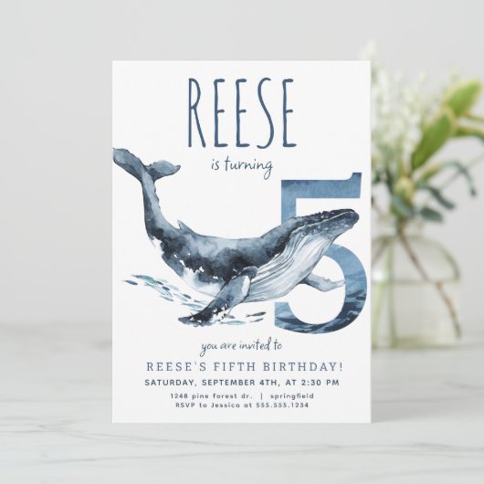 Whale 5. Geburtstag Einladung (Stehend Vorderseite)