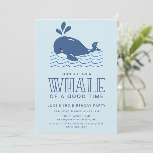 Whale a good time Baby Boy Birthday Party Einladung (Stehend Vorderseite)