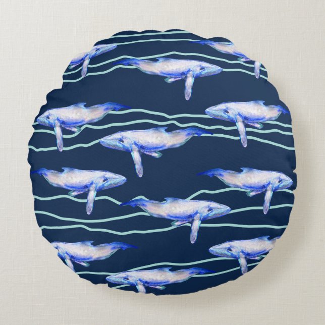 Whale Art Ocean Life Rundes Kissen (Vorderseite)