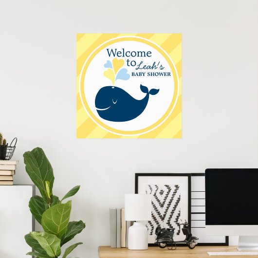 Whale Baby Dusche Willkommen Navy Blue und Yellow Poster (Heimbüro)