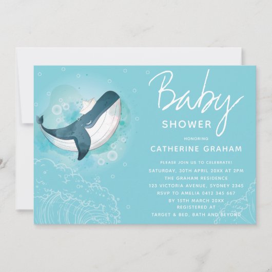 Whale Baby Shower Blue Einladung (Vorderseite)