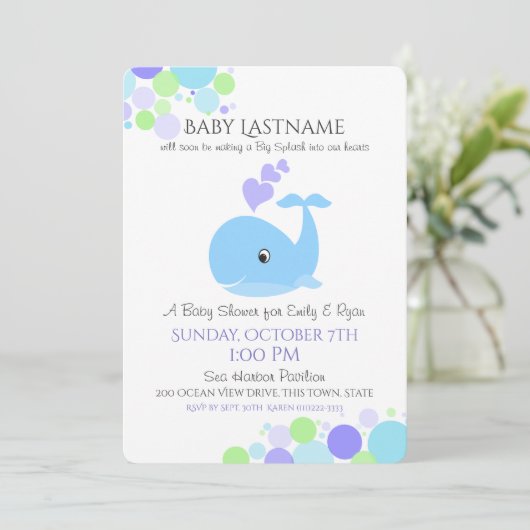 Whale Baby Shower Einladung (Stehend Vorderseite)