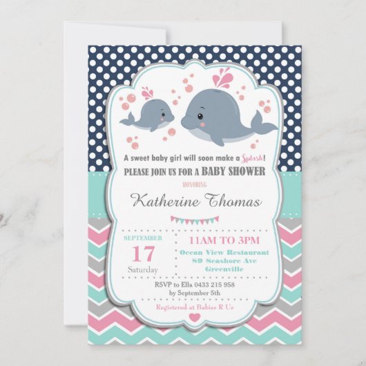Whale Baby Shower Einladung Baby Girl Pink Polka (Vorderseite)