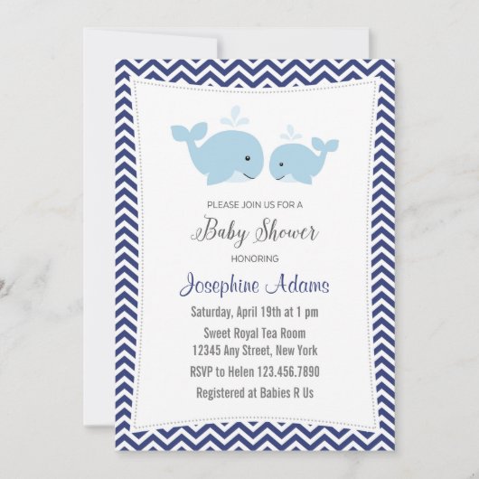 Whale Baby Shower Einladung Navy Blue (Vorderseite)