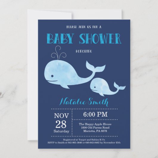 Whale Baby Shower Einladung Navy Blue.Nautic (Vorderseite)
