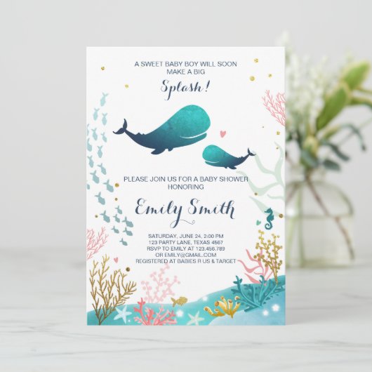 Whale Baby Shower Einladung Ocean Ahoy Junge Niedl (Stehend Vorderseite)