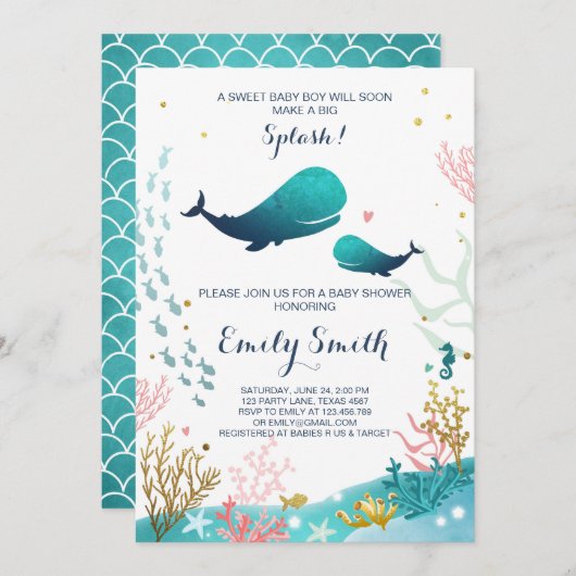 Whale Baby Shower Einladung Ocean Ahoy Junge Niedl (Vorne/Hinten)