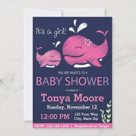 Whale Baby Shower Invitation (Mädchen) Einladung (Vorderseite)