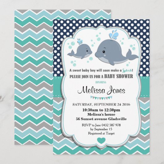 Whale Baby Shower Personalisiert Invitation Baby B Einladung (Vorne/Hinten)