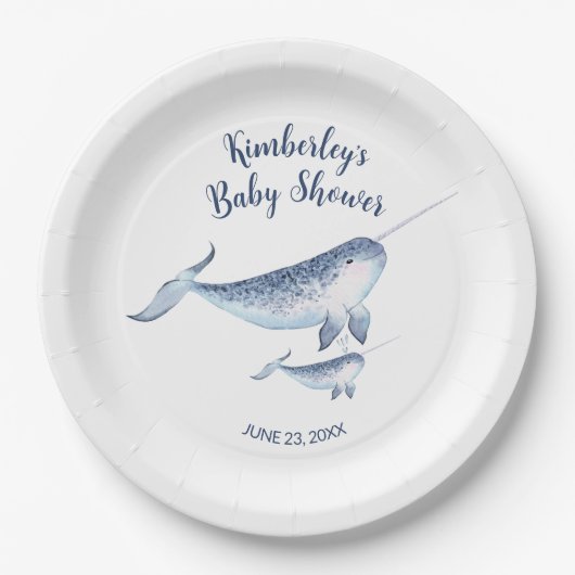 Whale Baby Shower Watercolor Blue Paper Plate Pappteller (Vorderseite)