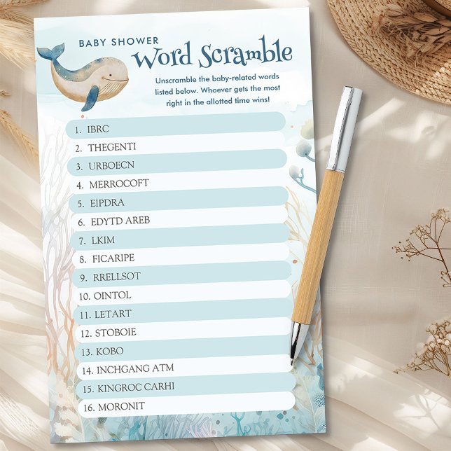 Whale Baby Shower Word Scramble Game (Baby Word Scramble Game  from the Whale Baby Shower Collection by Darling & May)
