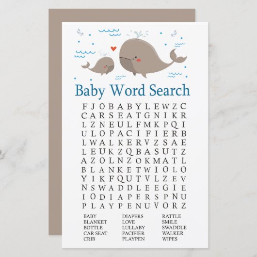 Whale Baby Shower Word Search Game (Vorne/Hinten)