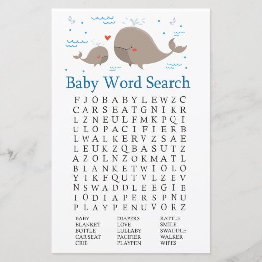 Whale Baby Shower Word Search Game (Vorderseite)