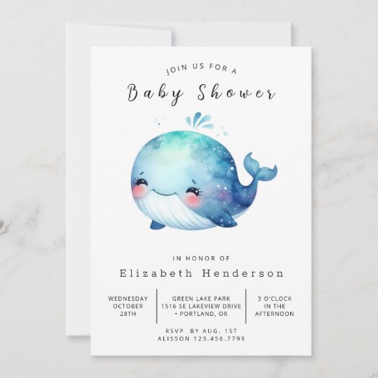 Whale Babydusche mit Aquarell Einladung (Vorderseite)
