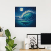 Whale Beneath Moonlit Wave - Pastel Painting Style Poster (Heimbüro)