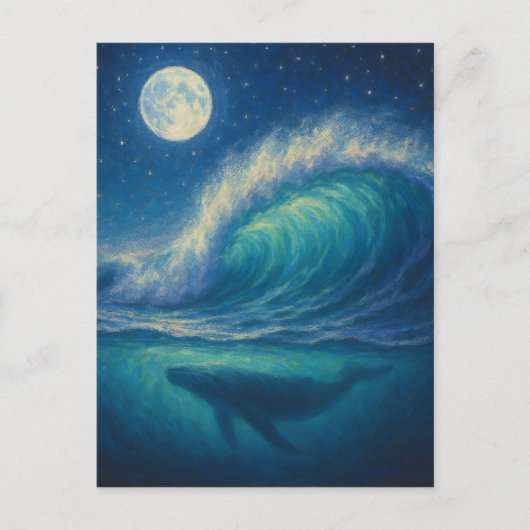 Whale Beneath Moonlit Wave - Pastel Painting Style Postkarte (Vorderseite)