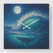 Whale Beneath Moonlit Wave - Pastel Painting Style Quadratische Wanduhr (Vorderseite)