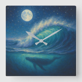 Whale Beneath Moonlit Wave - Pastel Painting Style Quadratische Wanduhr