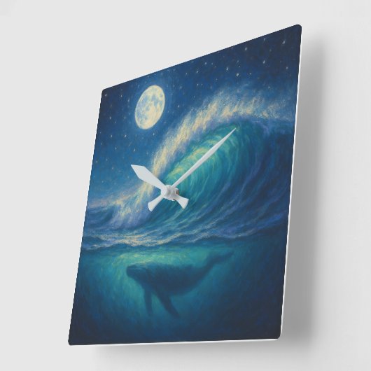 Whale Beneath Moonlit Wave - Pastel Painting Style Quadratische Wanduhr (Winkel)