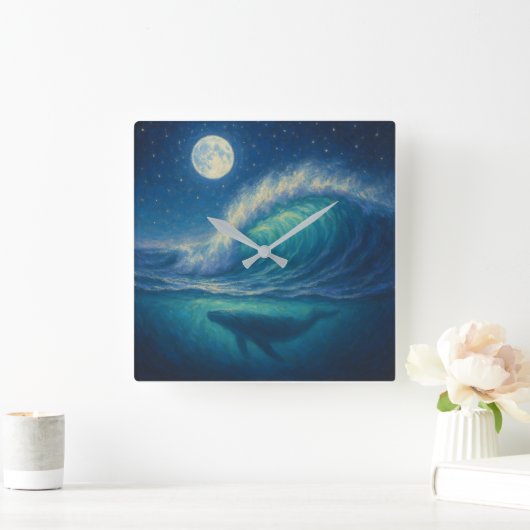 Whale Beneath Moonlit Wave - Pastel Painting Style Quadratische Wanduhr (Zuhause)