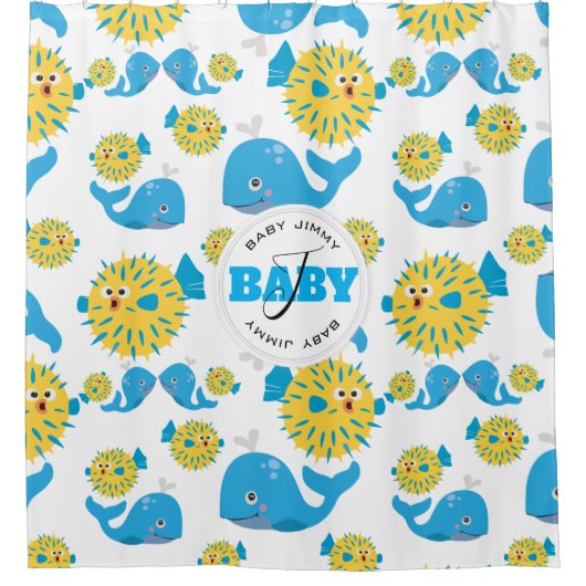 Whale & Blowfish Cartoon Monogram Muster Duschvorhang (Vorderseite)
