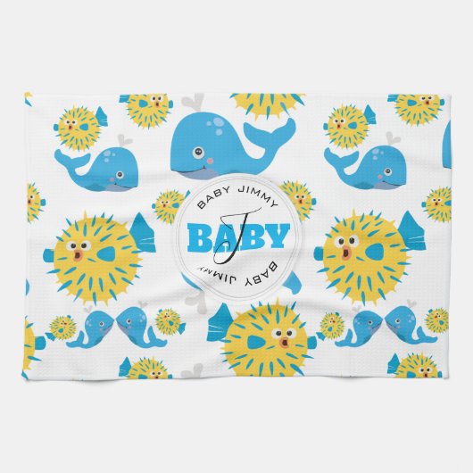 Whale & Blowfish Cartoon Monogram Muster Geschirrtuch (Horizontal)