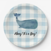 Whale Blue Gingham Baby Shower Ahoy ist ein Junge Pappteller (Vorderseite)