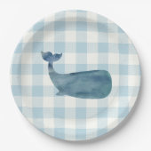 Whale Blue Gingham Baby Shower Pappteller (Vorderseite)