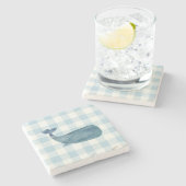 Whale Blue Gingham Karo Coastal Steinuntersetzer (Seitenansicht)