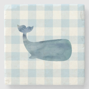 Whale Blue Gingham Karo Coastal Steinuntersetzer