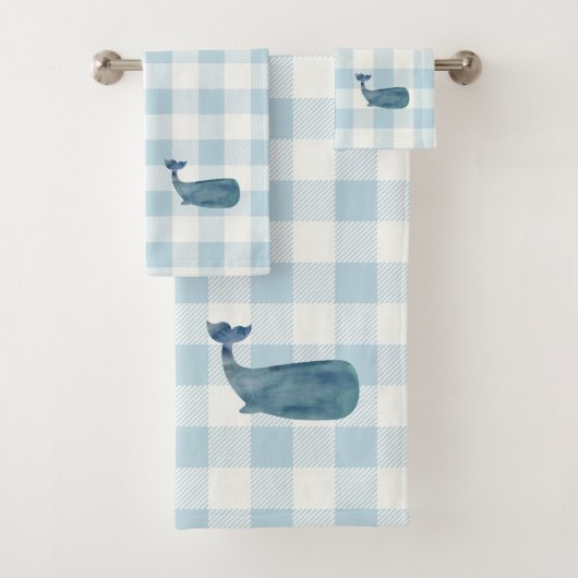 Whale Blue Karo Gingham Pattern Badetuch Set (Insitu)