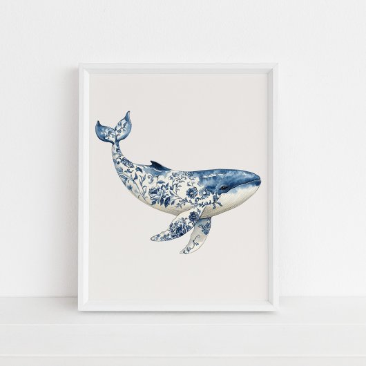 Whale - Coastal Blue on Beige Wall Art Poster