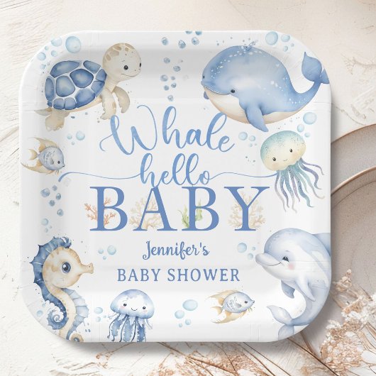 Whale Hello Baby Shower Boy Blue Ocean Pappteller