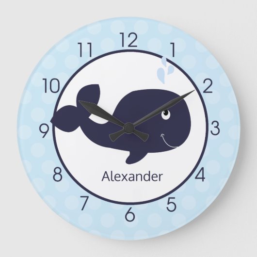 Whale Kinderzimmer Navy Blue / Light Blue Boys Wal Große Wanduhr (Vorderseite)