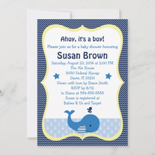 Whale Nautical Baby Shower Einladung (Vorderseite)