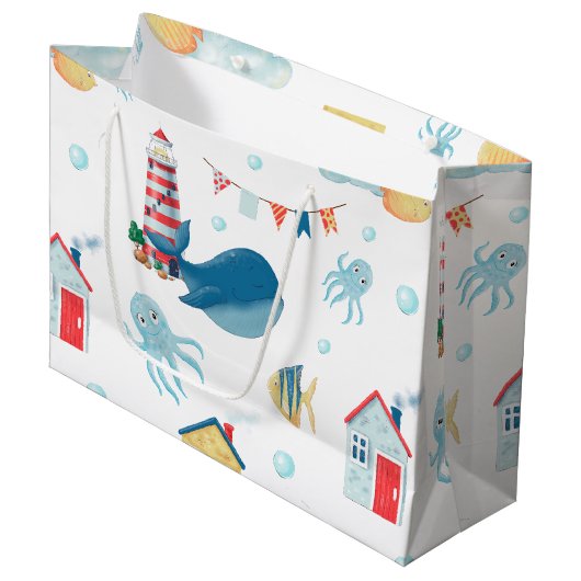 Whale Nautical Große Geschenktüte (Vorderseite Schrägansicht)